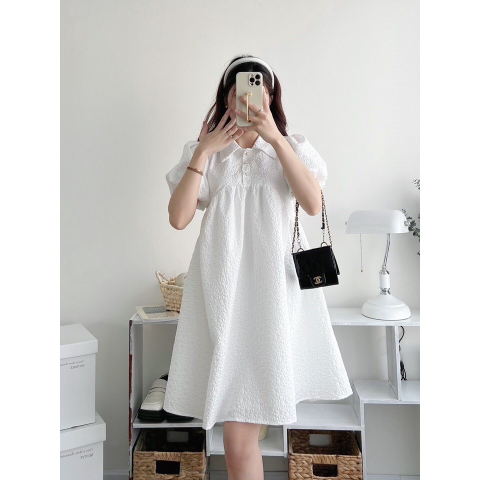 Váy xốp bèo CỔ BẺ tay bồng - Đầm công chúa dáng xòe màu trắng