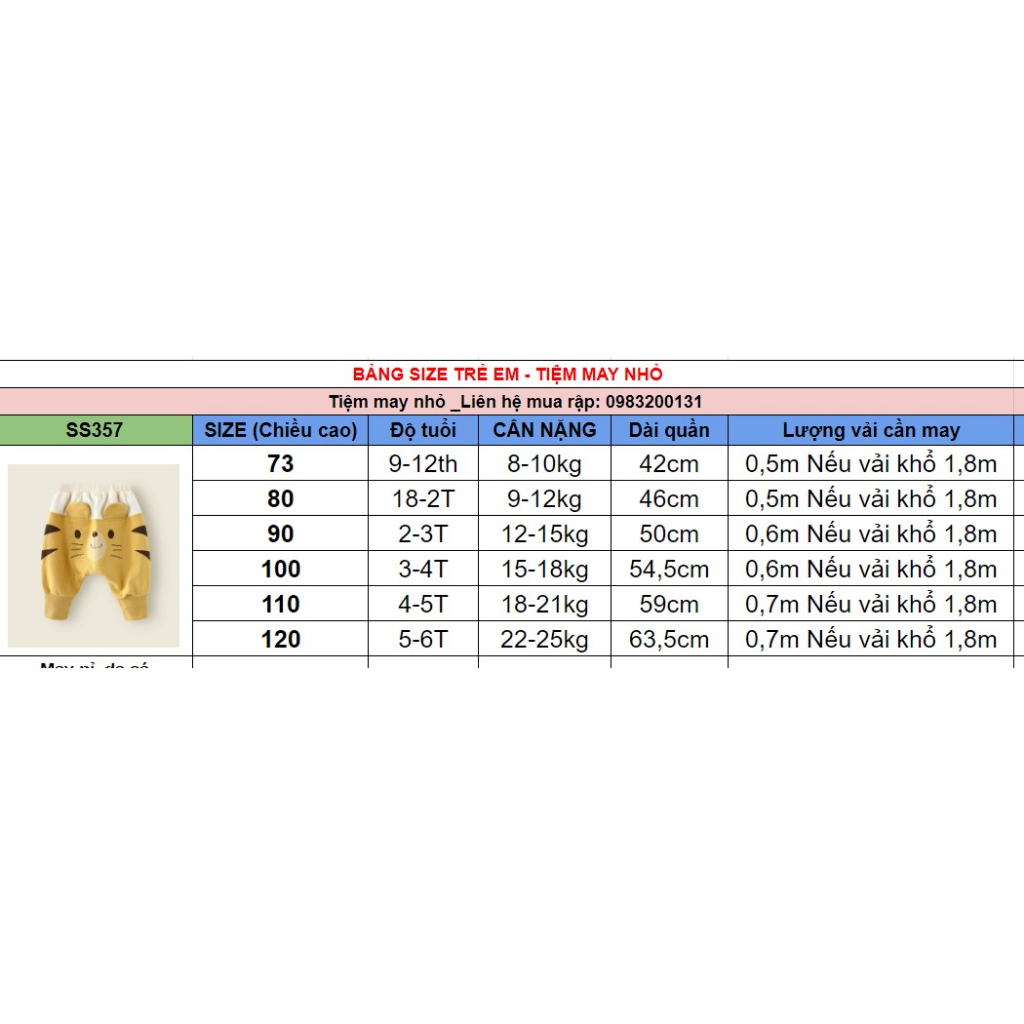 SS357_Rập giấy may quần nỉ trẻ em