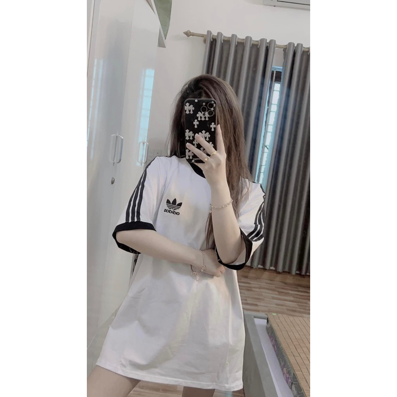 Áo thun tay lỡ logo AD.D 3 sọc viền tay phối lé cổ QUANAOPHUKIEN - Áo phông freesize nam nữ unisex form rộng