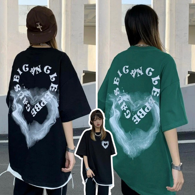 Áo thun tay lỡ unisex tim khói in trước sau QUANAOPHUKIEN - Áo phông freesize nam nữ unisex form rộng chất cotton
