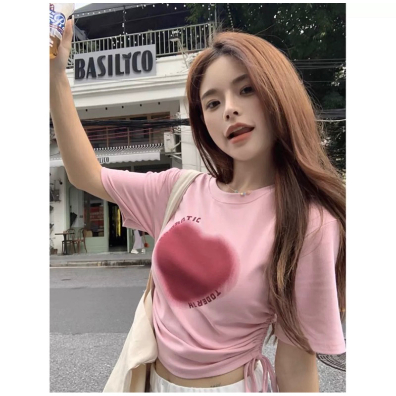 Áo croptop dây rút sườn Tim Hồng ôm body TONGKHOSI
