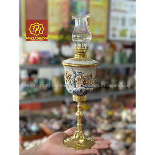 Đèn thờ dầu men rạn đế đồng hoa văn nổi Bát Tràng cao cấp(giá 1 chiếc)