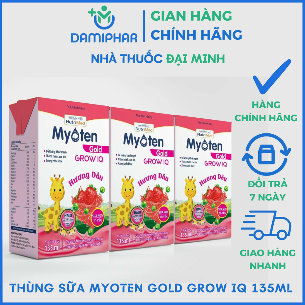Thùng Sữa Tươi Pha Sẵn Myoten Gold Grow IQ Vị Dâu 30 Hộp 135ml