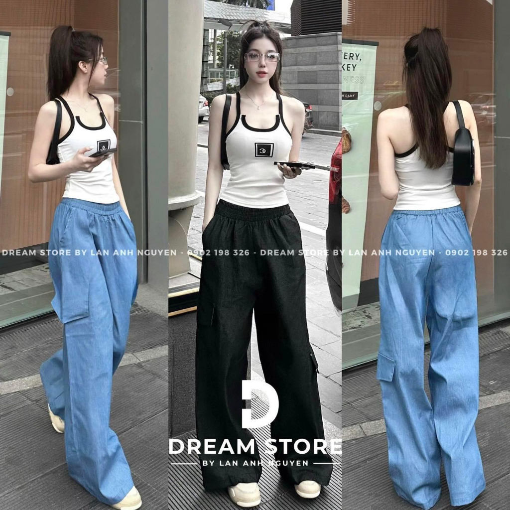 Set bộ đồ nữ áo thun body 2 dây phối viền mix quần suông rộng túi hộp siêu hot phong cách nữ cá tính, xinh xắn