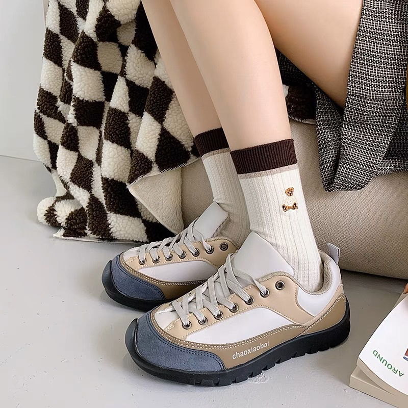 Set 5 Đôi Tất Dệt Kim Cổ Cao Kẻ Thêu Hình Phong Cách Trẻ Trung Năng Động Mẫu tt16