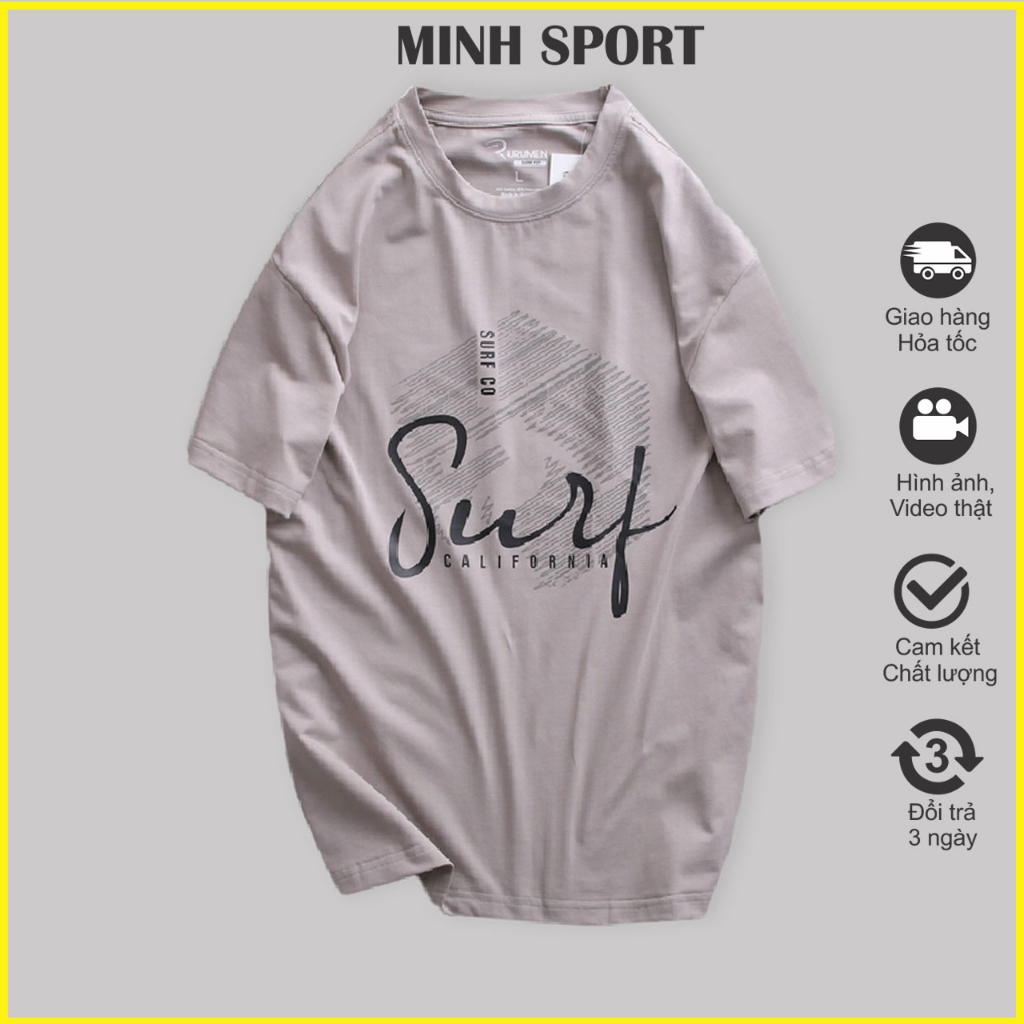 Áo Thun Nam Cổ Tròn Vải Cotton Màu Xám In Chữ Surf Nghệ Thuật Đẹp mã AO.89
