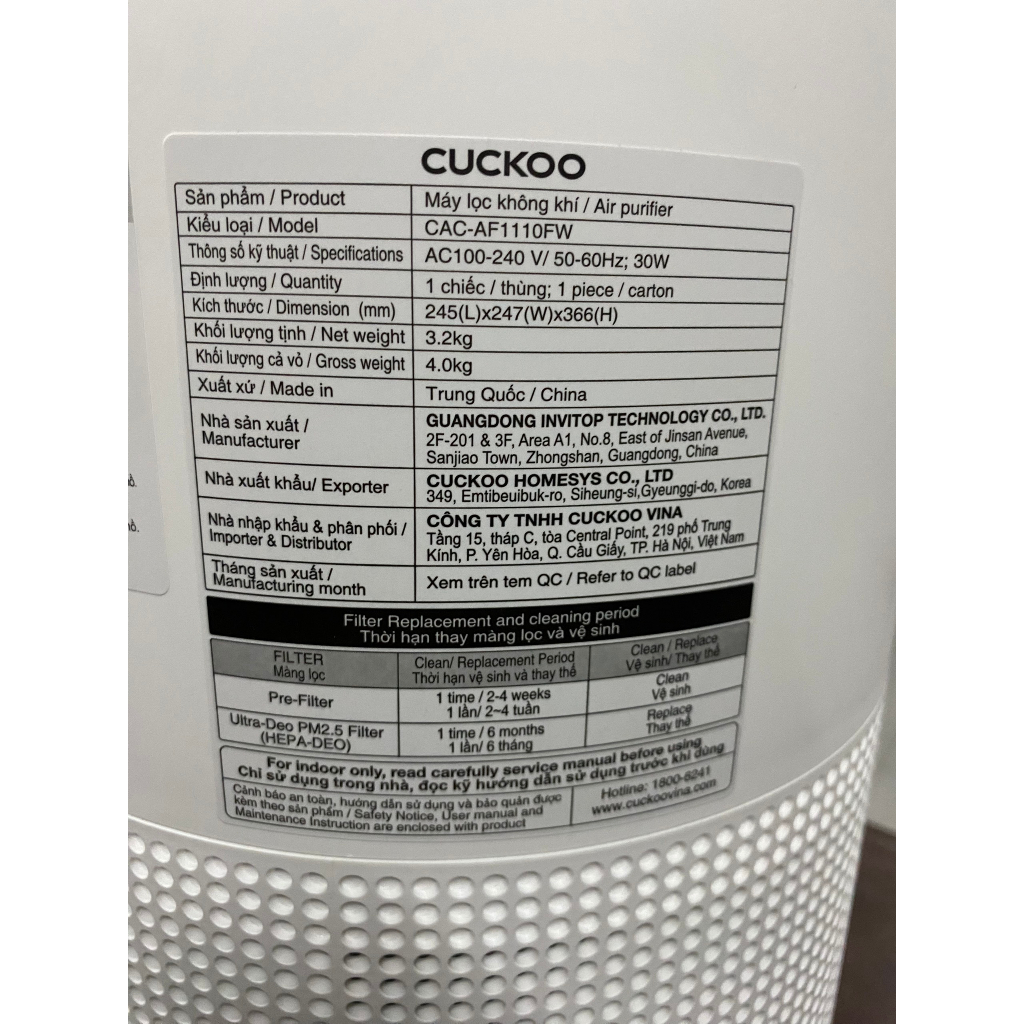 Máy lọc không khí Cuckoo CAC-AF1110FW/WHCKV 30W - Hàng trưng bày