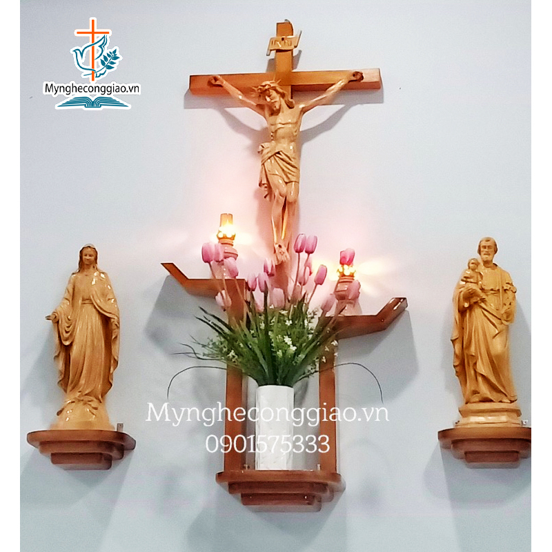 bàn thờ chúa mẫu kệ hình tay nến chất liệu gõ đỏ (không bao gồm tượng) | bàn thờ công giáo treo tường