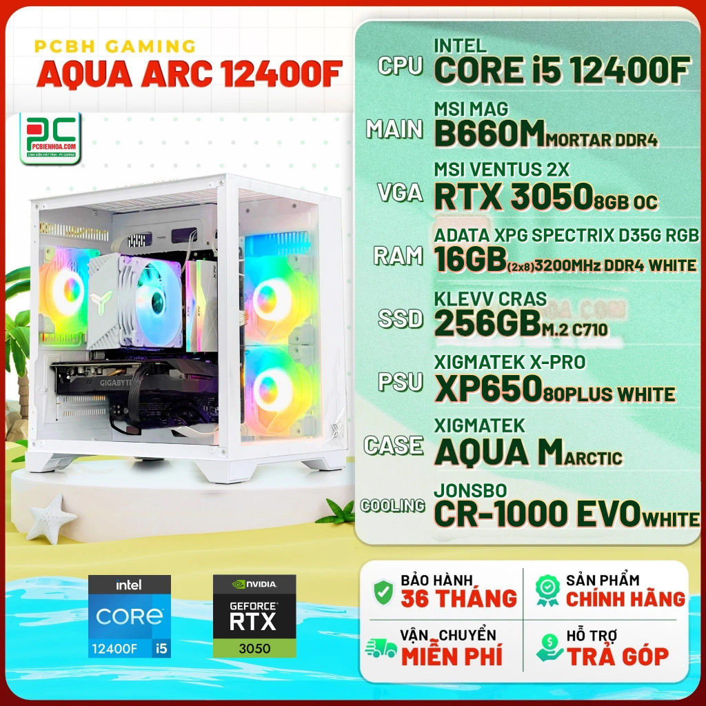 PCBH GAMING AQUA ARC 12400F ( CORE I5 12400F / B660M / RTX3050 8GB / 16GB / 256GB )-36T
