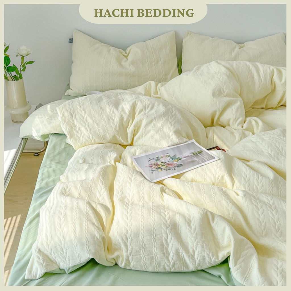 Set 5 món chăn ga gối cotton đũi dệt hoa dây
