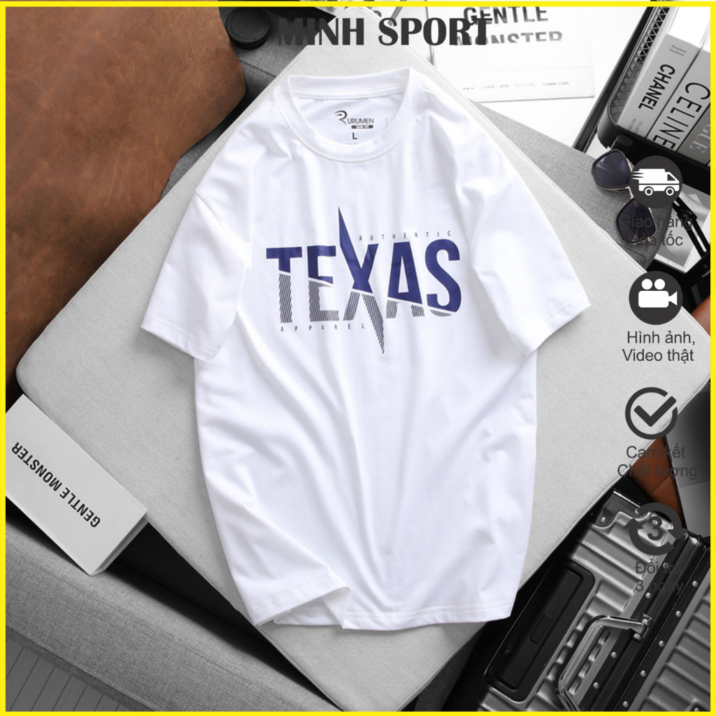 Áo Thun Nam Màu Trắng Cổ Tròn Vải Cotton In Chữ TEXAS Mềm Mịn mã AO.91