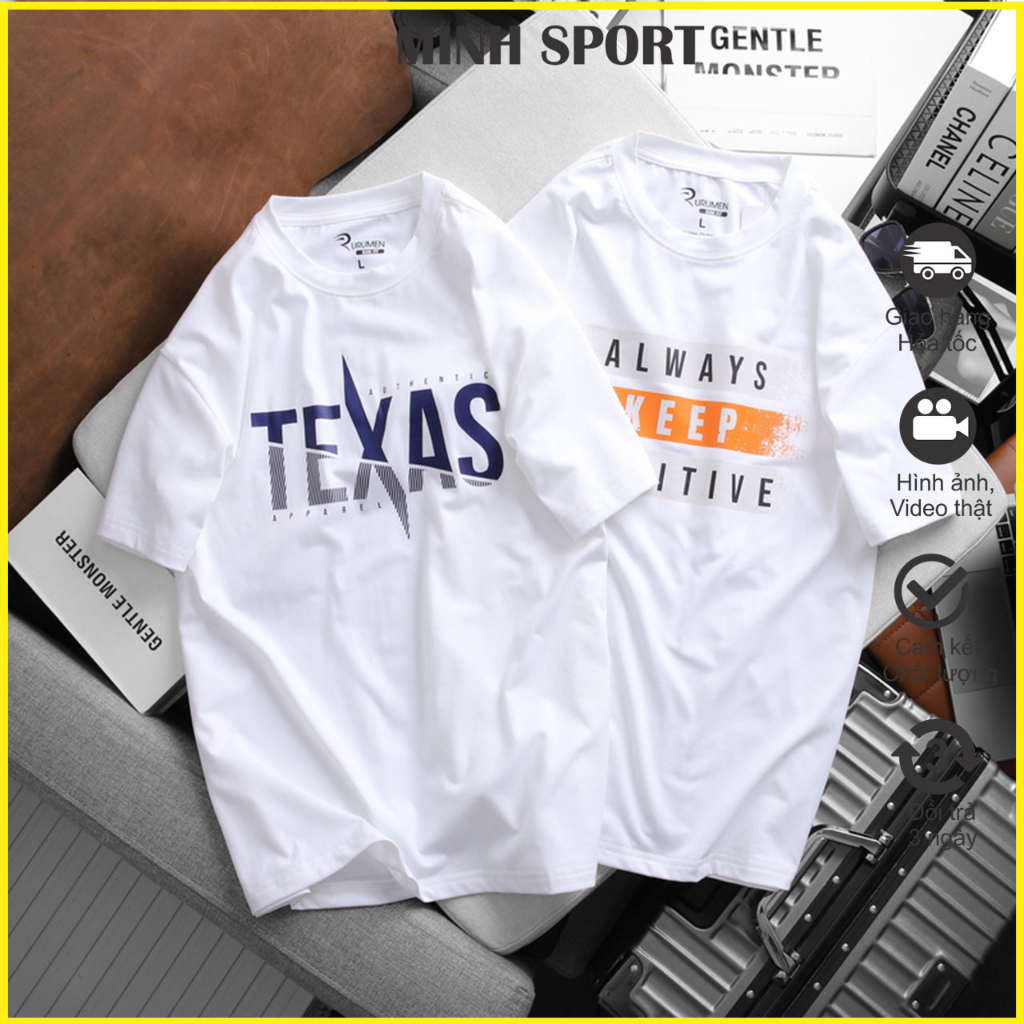 Áo Thun Nam Màu Trắng Cổ Tròn Vải Cotton In Chữ TEXAS Mềm Mịn mã AO.91
