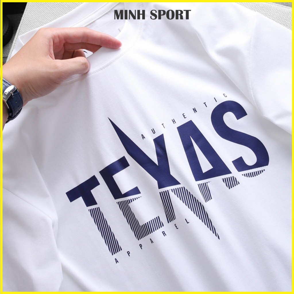 Áo Thun Nam Màu Trắng Cổ Tròn Vải Cotton In Chữ TEXAS Mềm Mịn mã AO.91