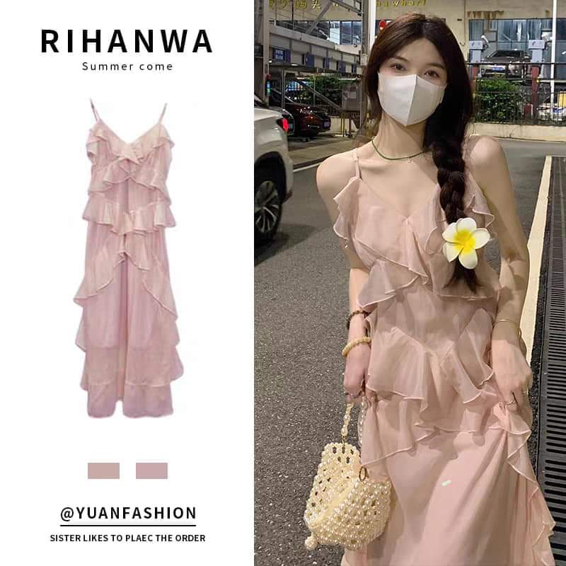 (Order) M360 - Đầm voan midi hai dây cổ V viền bèo chéo và rơi kiểu Pháp ko kèm khoác (ảnh thật)