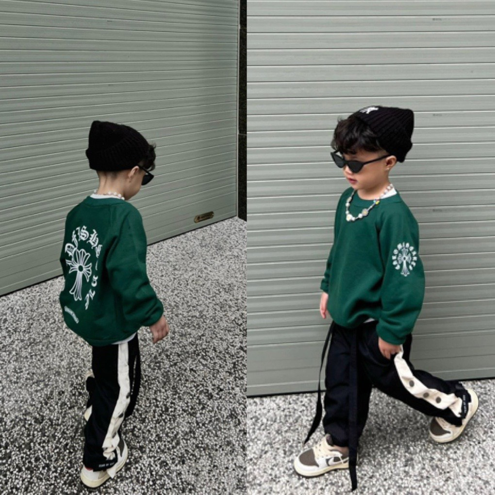 Áo sweater chorme heaart basic green trẻ em , áo nỉ cổ tròn cho bé gái , trai unisex , Kid_genz