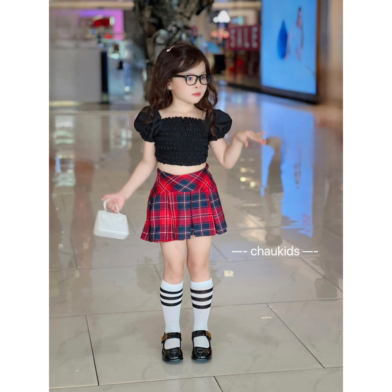 BG584- BỘ ÁO ĐEN CV CARO ĐỎ CHO BÉ