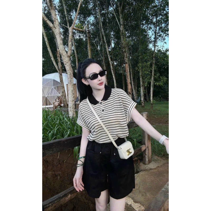 Áo len tăm kẻ ngang tay hến,cổ sen thêu hình cá tính hàng quảng châu A211