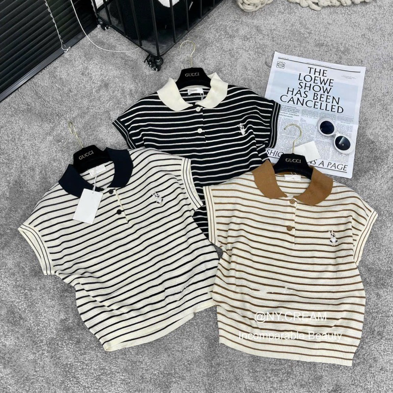 Áo len tăm kẻ ngang tay hến,cổ sen thêu hình cá tính hàng quảng châu A211