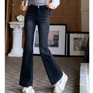 Quần jean co giãn dài ống loe quần jean nữ cạp cap dáng suông phong cách hai màu xanh đen K56