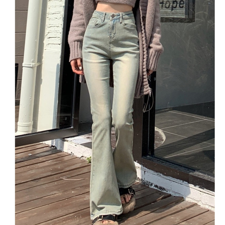 Quần jean nữ ống loe KABICO dài cạp cao, quần jean baggy dài co giãn phong cách Ullzang K58