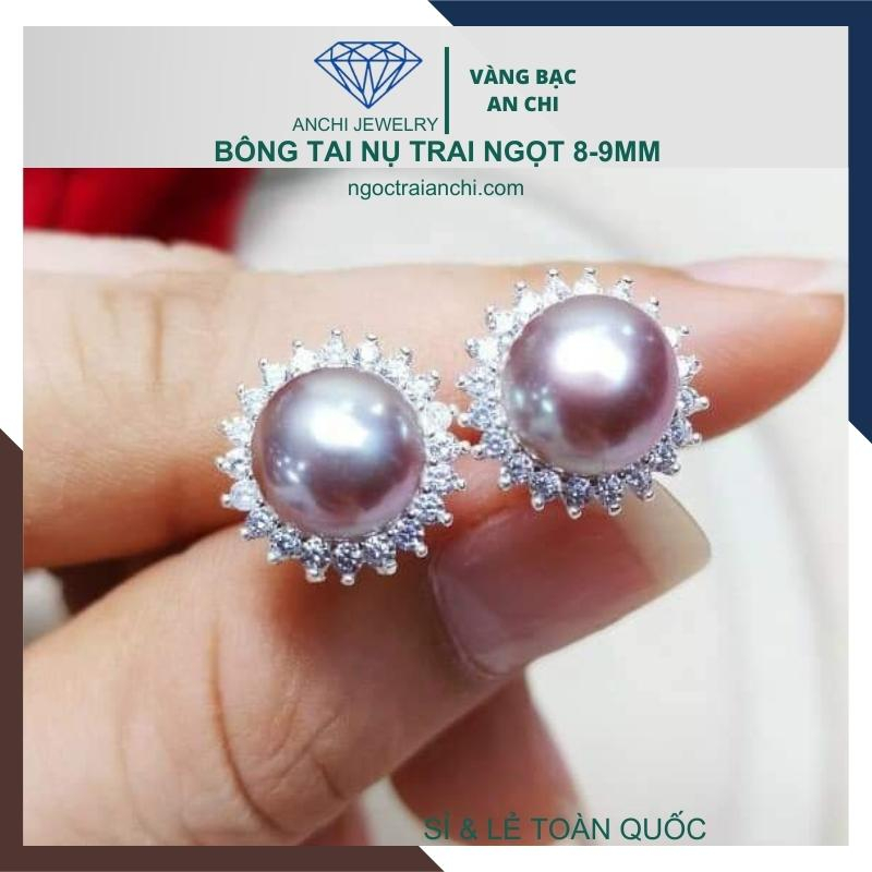 Bông tai nụ trai chuôi bạc 925 viền đá, size 7ly ít vết sinh trưởng, - Anchi jewelry