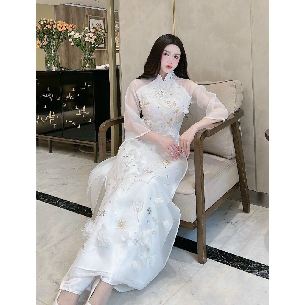 Áo dài tà kết hoa thủ công đính kết cao cấp hàng may kĩ đẹp giá sỉ chuẩn thiết kế kèm ảnh thật