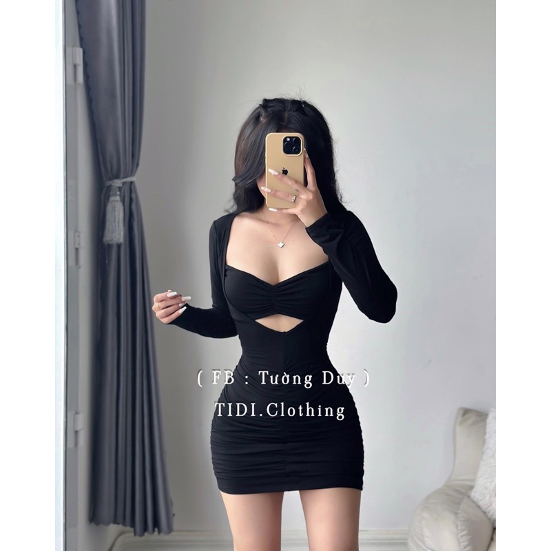 Đầm Body Thun Dẻo Khoét Eo Tay Dài D238