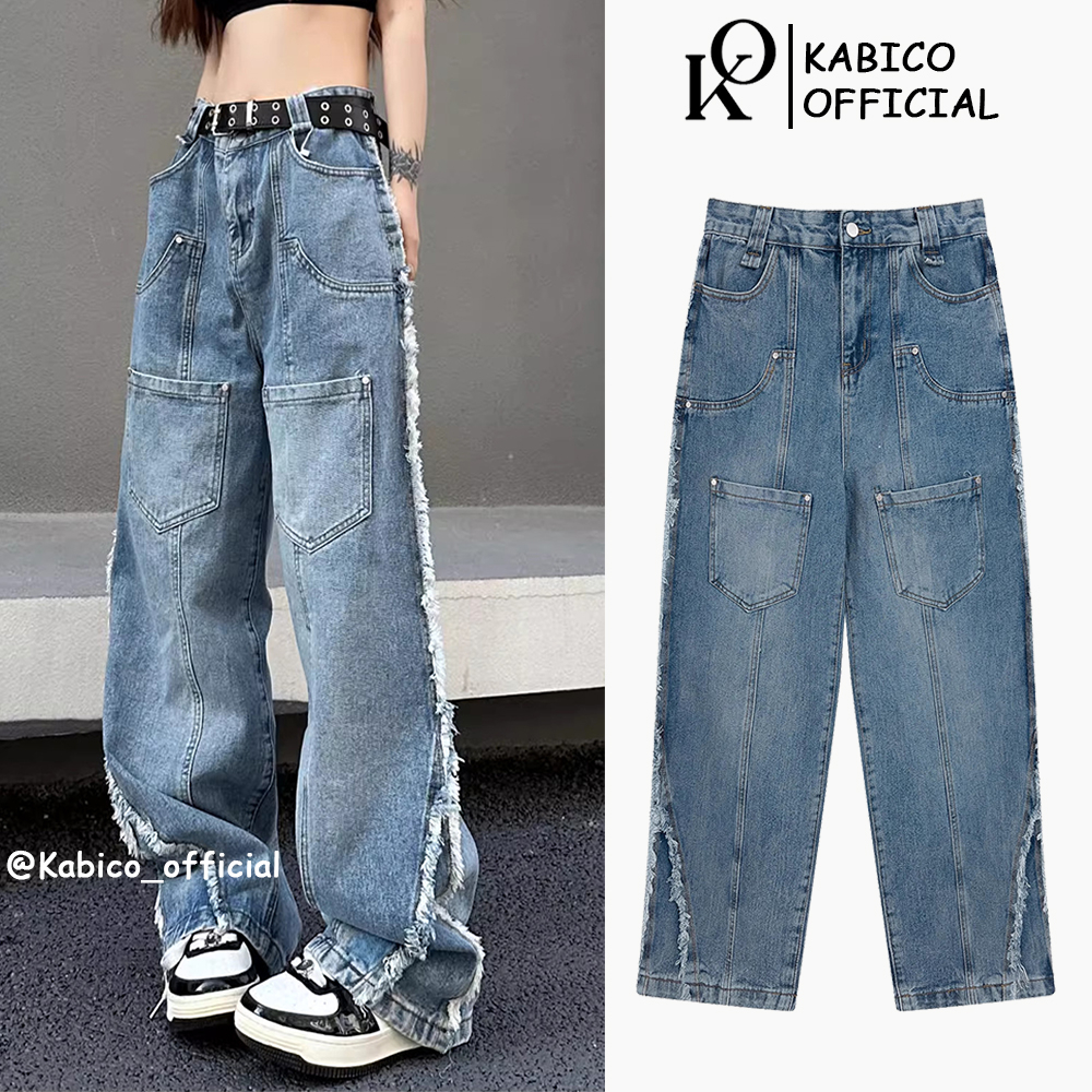 Quần jean dài unisex cạp cao ống rộng, quần jean nam nữ dài tua rua phong cách HipHop_K47