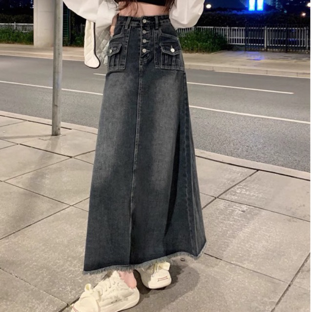 Chân váy jean dài dáng chữ A phong cách retro nữ+ tặng kèm kẹp tóc