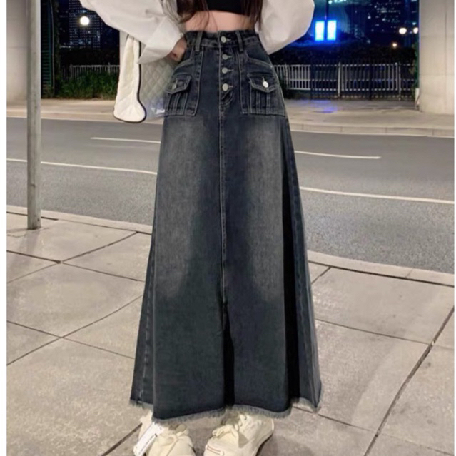 Chân váy jean dài dáng chữ A phong cách retro nữ+ tặng kèm kẹp tóc