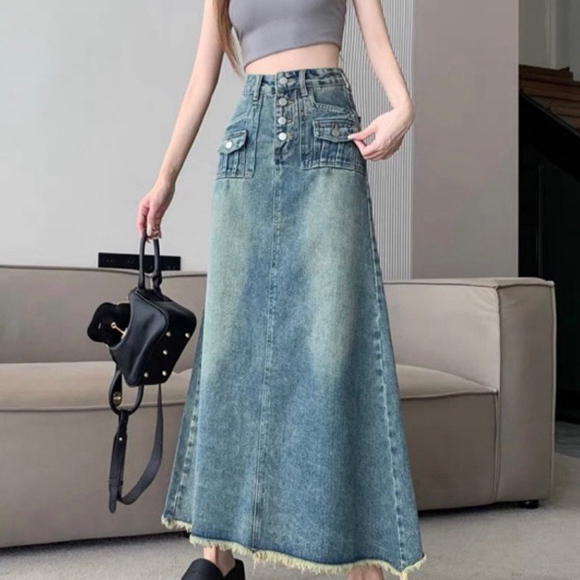 Chân váy jean dài dáng chữ A phong cách retro nữ+ tặng kèm kẹp tóc