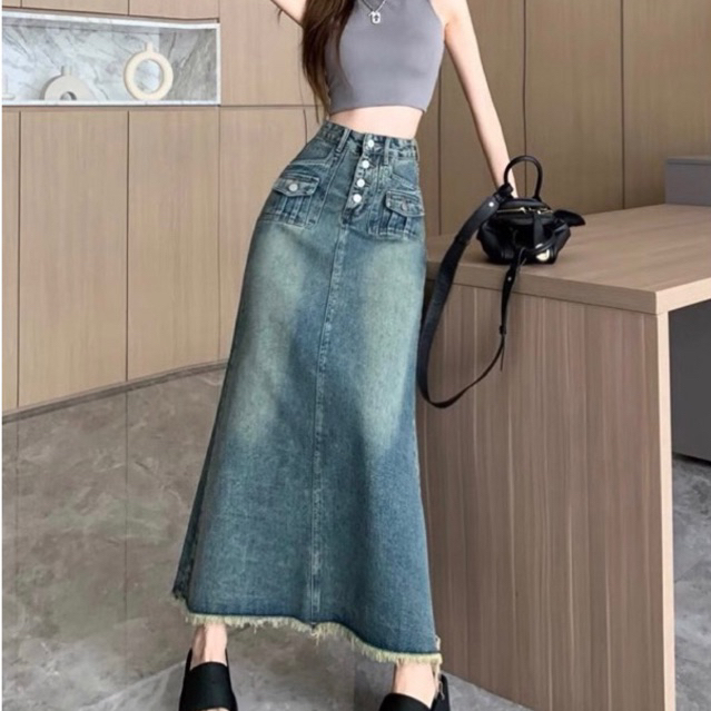 Chân váy jean dài dáng chữ A phong cách retro nữ+ tặng kèm kẹp tóc