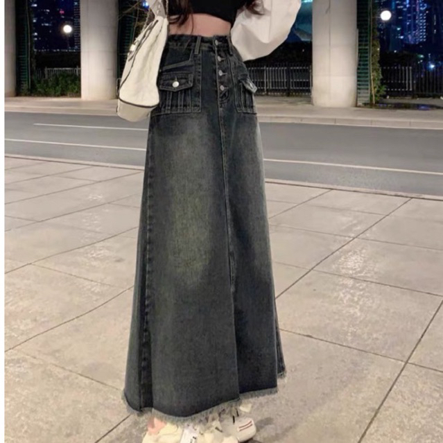 Chân váy jean dài dáng chữ A phong cách retro nữ+ tặng kèm kẹp tóc