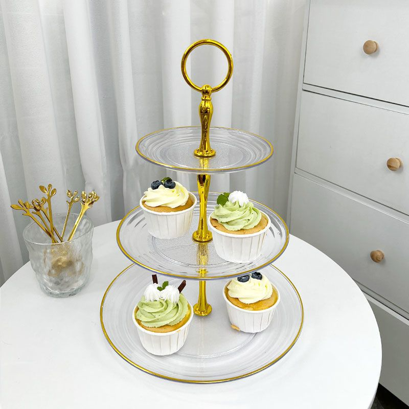 Khay đựng bánh kẹo đám cưới 3 tầng nhựa trong suốt viền vàng bàn decor gia tiên