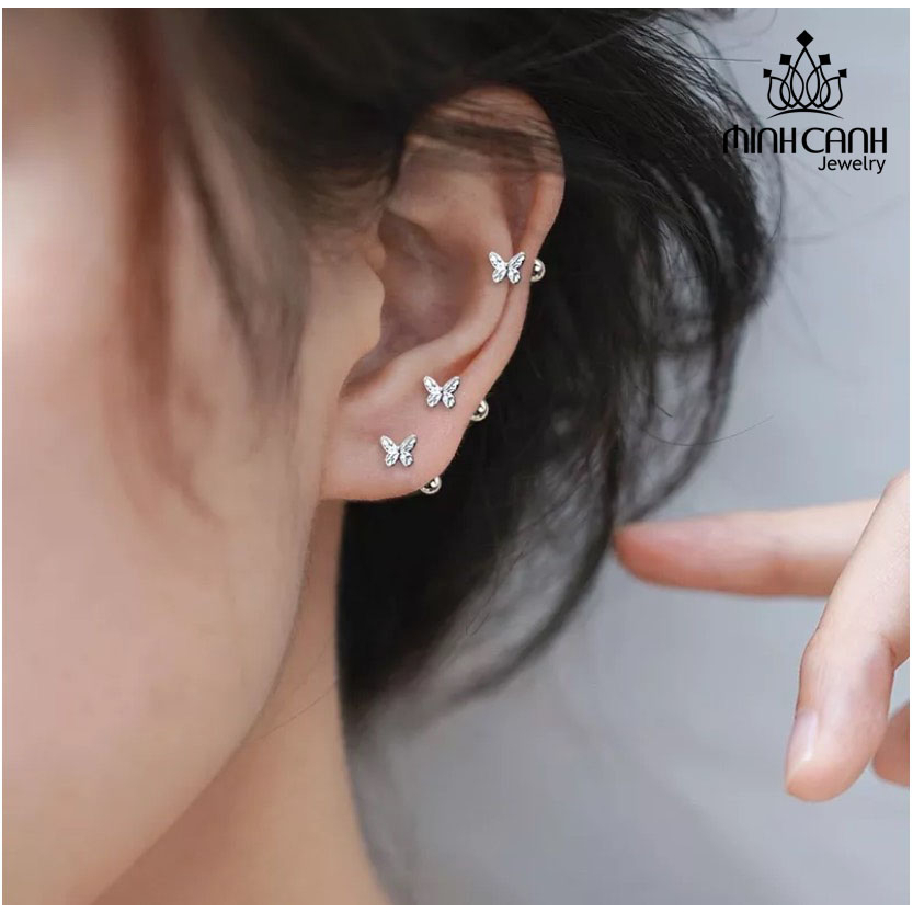 Bông Tai Bạc Cánh Bướm Mini Chốt Bi Ren - Minh Canh Jewelry