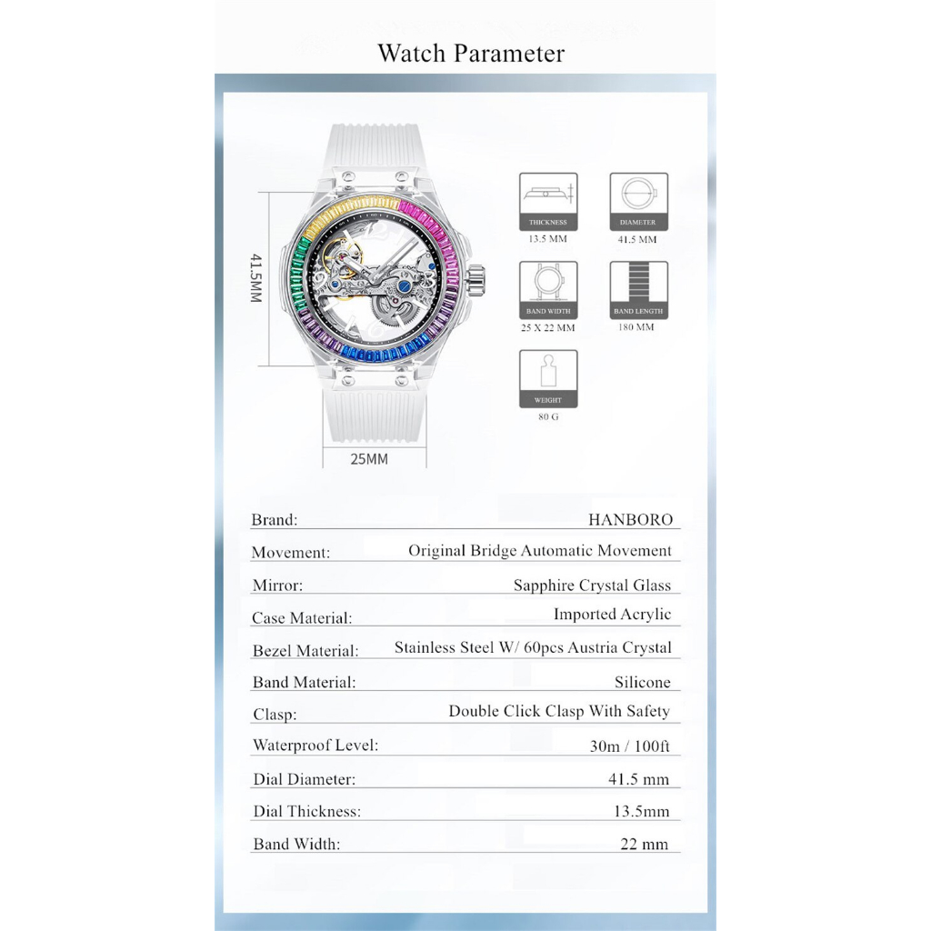 Đồng Hồ Nam Nữ Unisex Hanboro Automatic HBR 986 , Size 42mm fullbox