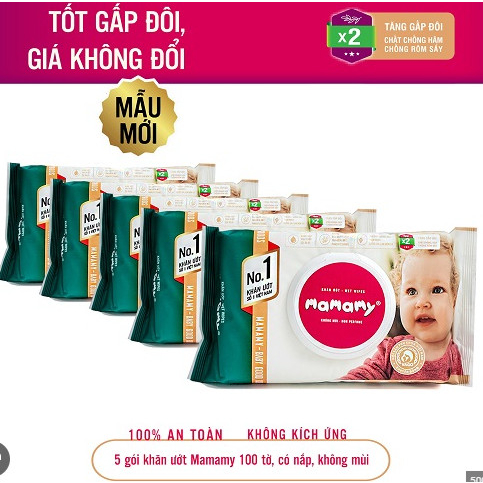 Comboo 5 kHĂN ƯỚT MAMAMY 100 TỜ KHÔNG MÙI, CÓ NẮP, dauatayshop.vn