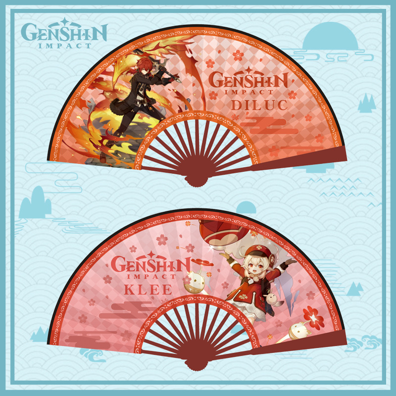 Quạt vải lụa Genshin Impact | Quạt gấp lụa 10 inch mới cỡ lớn 33 cm Diluc Klee Tartaglia Mona Kaeya Ganyu Albedo Zhongli