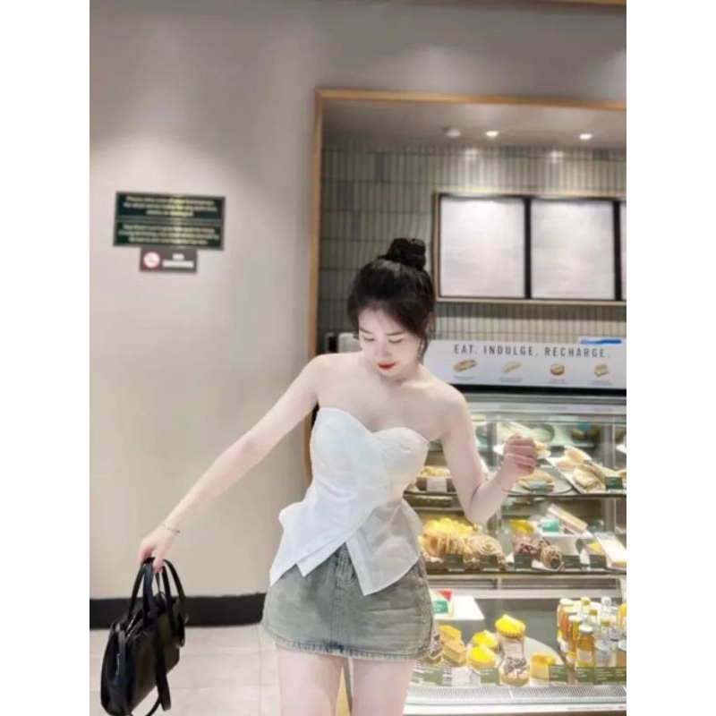 Áo Cúp Ngực Áo Quây Ngực Kèm Mút Đệm Tà Lệch Đính Khuy Nút Nhúng Sau