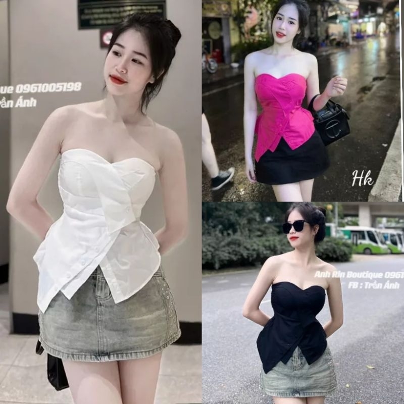 Áo Cúp Ngực Áo Quây Ngực Kèm Mút Đệm Tà Lệch Đính Khuy Nút Nhúng Sau