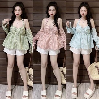 Set áo kiểu cột cổ yếm họa tiết caro kèm quần sort