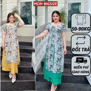 Áo dài cách tân bigsize nữ kiểu họa tiết tà MON big size 50 - 90kg kèm quần