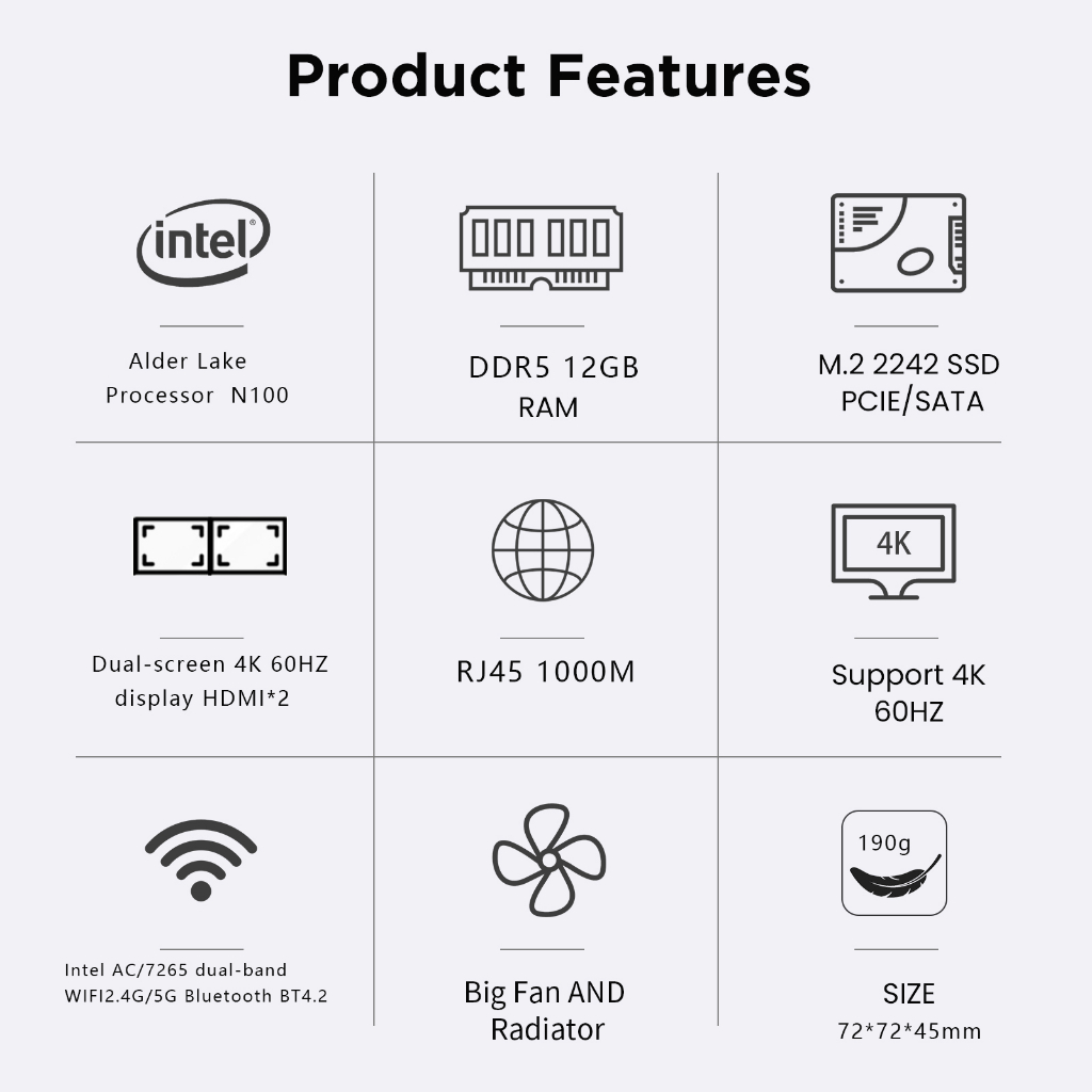 Tiny PC - Intel Alder Lake N100 - 12GB LPDDR5 4800Mhz - 2xHDMI - 3xUSB3.0 - 1xRJ45 1Gbps - 7.2 x 7.2 x 4.5cm | BigBuy360 - bigbuy360.vn