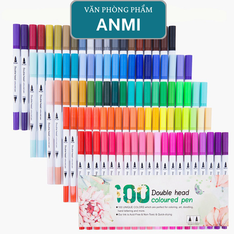 Bút brush dạ 12 màu 2 đầu viết calligraphy văn phòng phẩm ANMI B48