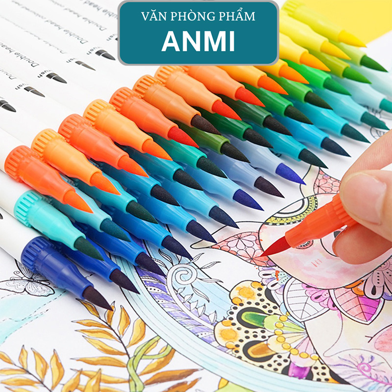 Bút brush dạ 12 màu 2 đầu viết calligraphy văn phòng phẩm ANMI B48