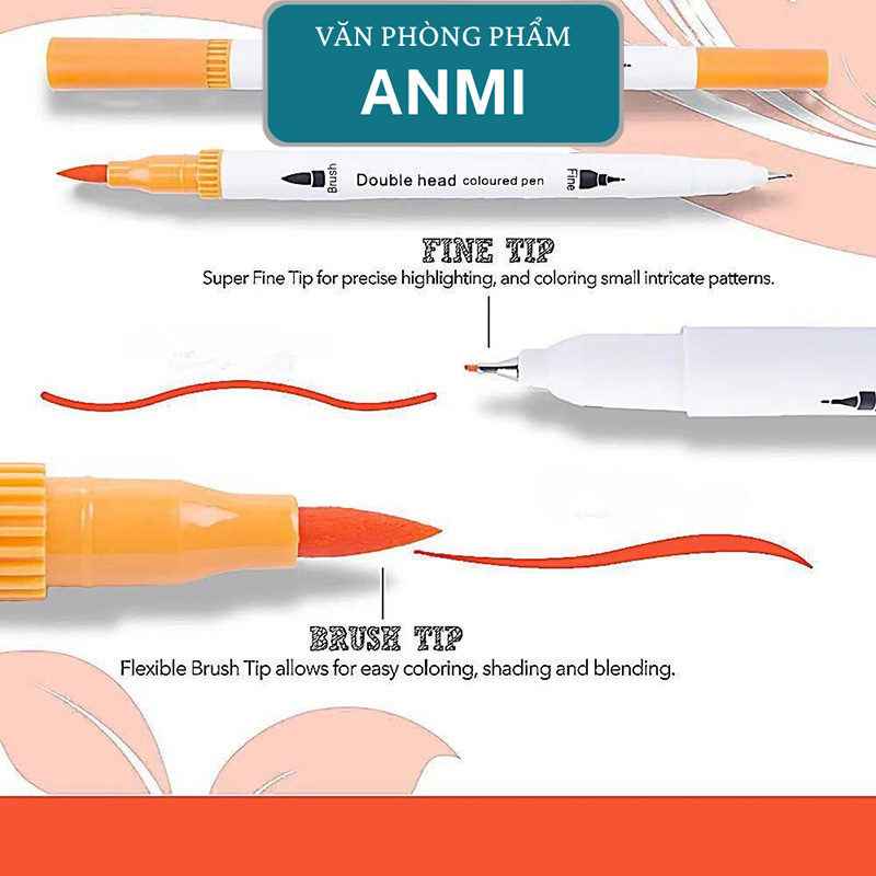Bút brush dạ 12 màu 2 đầu viết calligraphy văn phòng phẩm ANMI B48