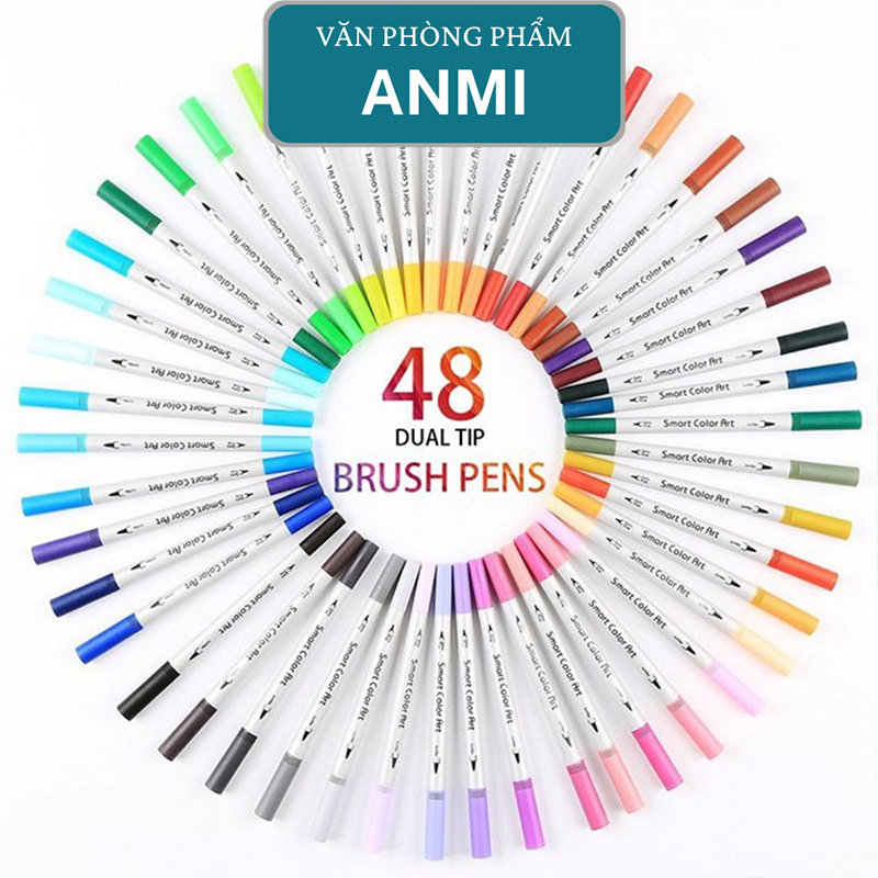 Bút brush dạ 12 màu 2 đầu viết calligraphy văn phòng phẩm ANMI B48