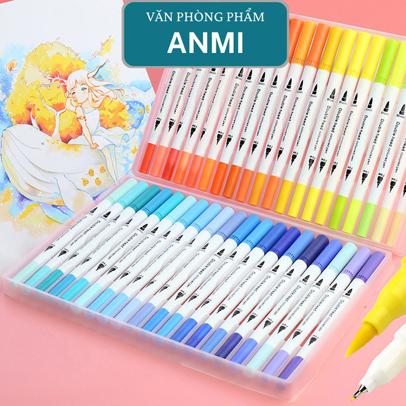 Bút brush dạ 12 màu 2 đầu viết calligraphy văn phòng phẩm ANMI B48