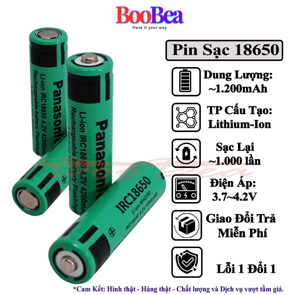 Pin SẠC 18650 3.7~4.2V Li-ion Panasonic dung lượng thực tế ~1200mAh dùng cho quạt cầm tay, đèn siêu sáng, pin dự phòng.