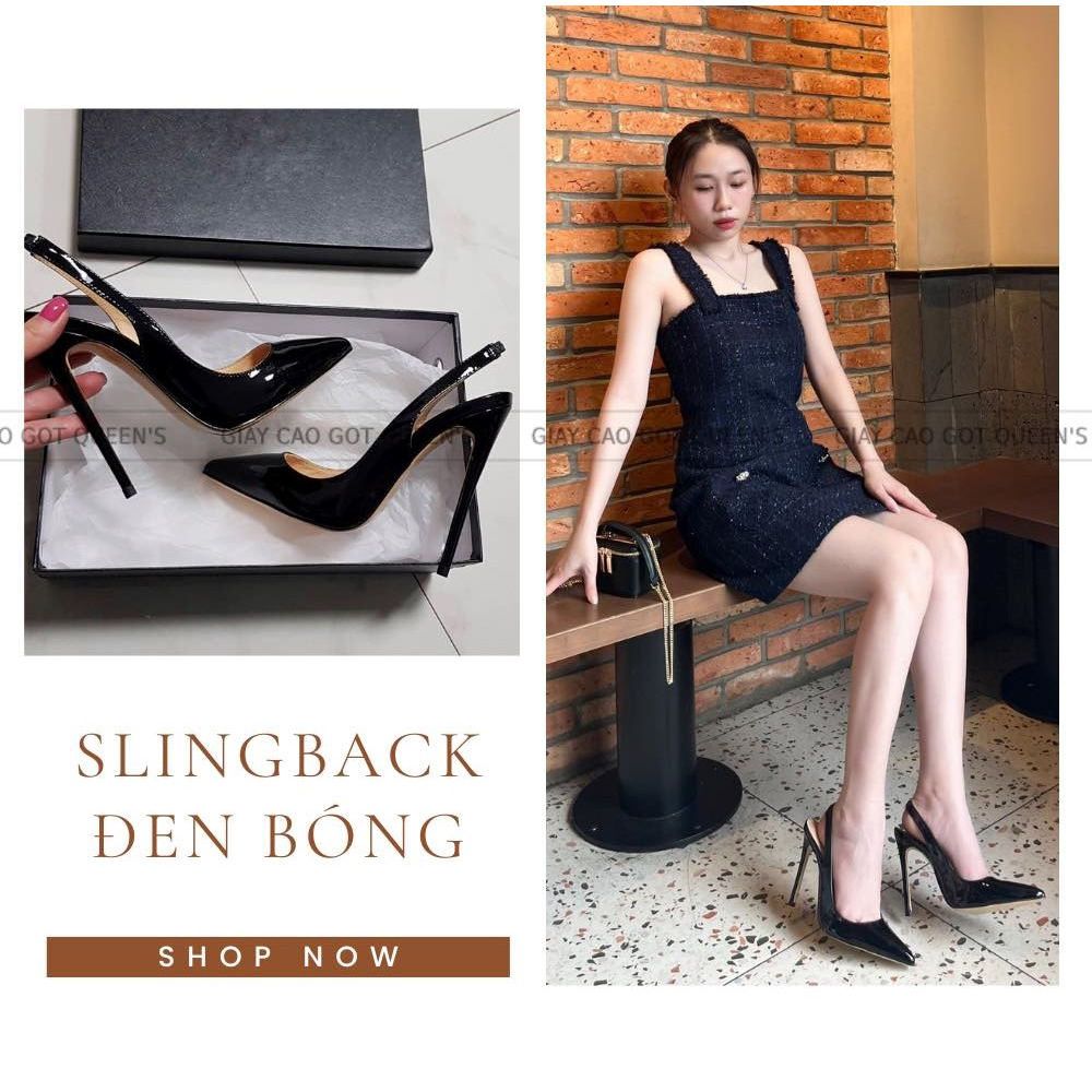 Giày cao gót slingback imqueen, chất liệu da bóng, màu đen cao 8-10-11cm